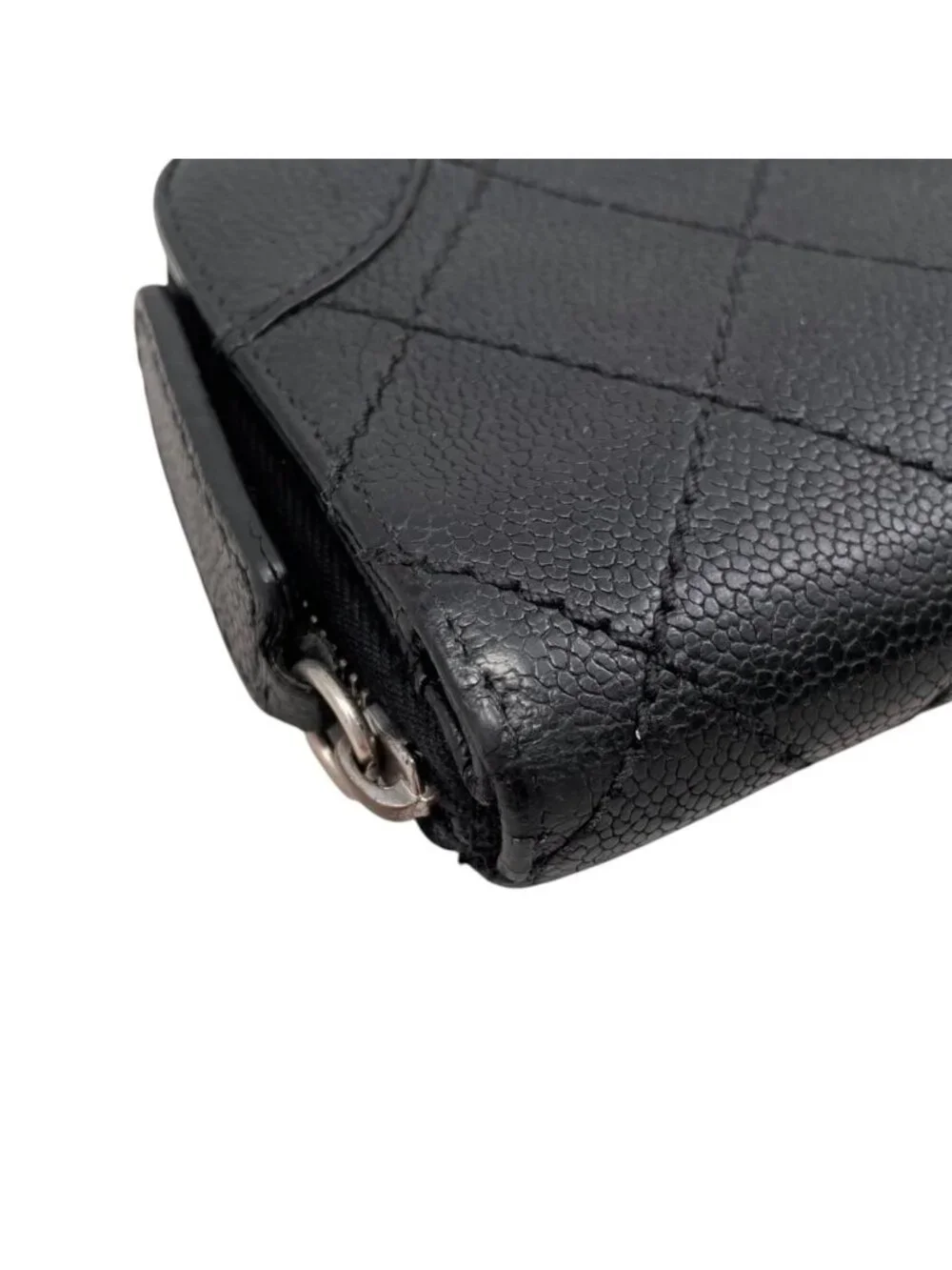 Chanel 2 Fold Wallet Wild Stitch Quilted Caviar Leather CC Logo Black Silver